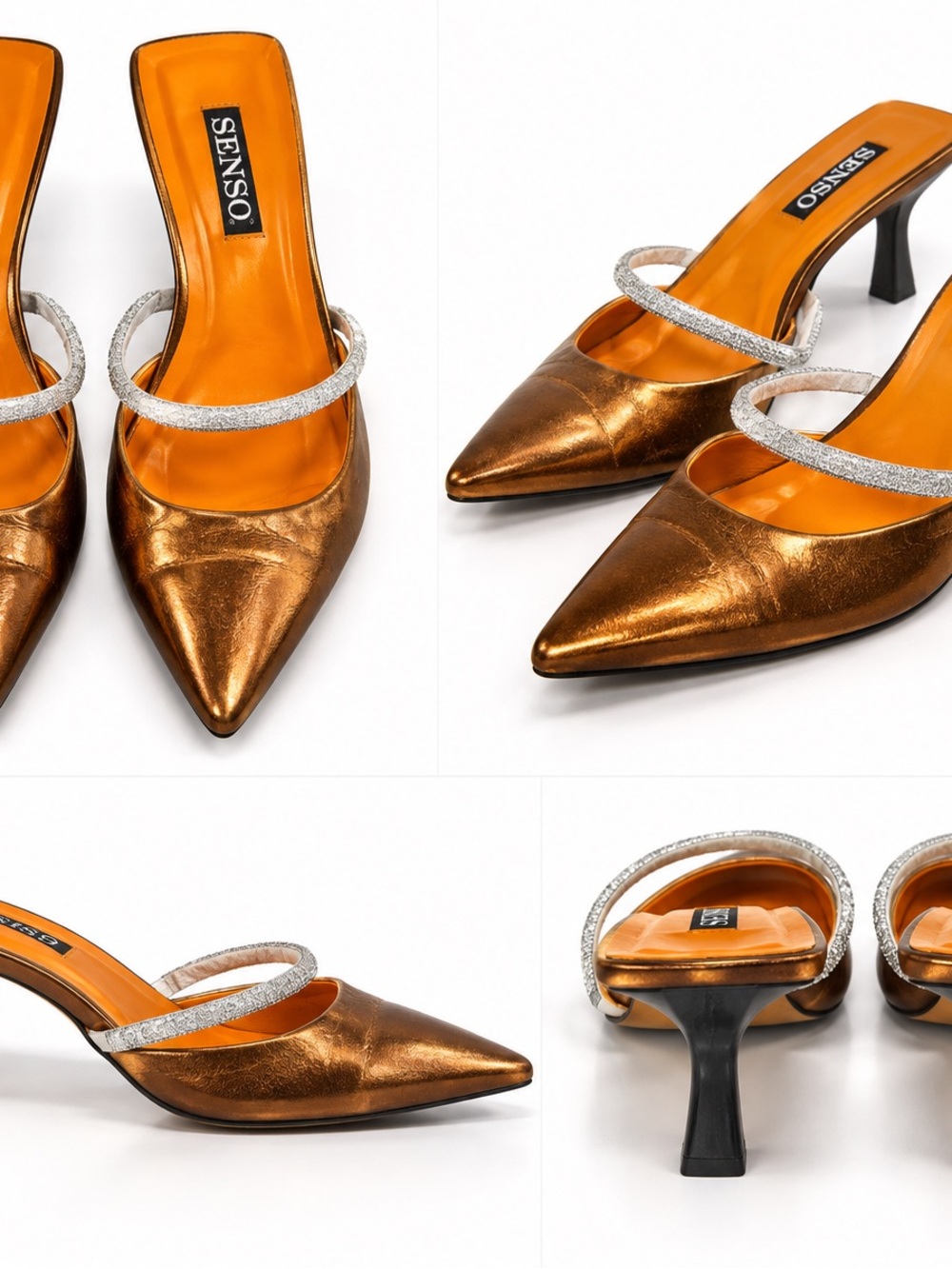 SENSO Bronze Metallic Pointed-Toe Mules with Silver Strap